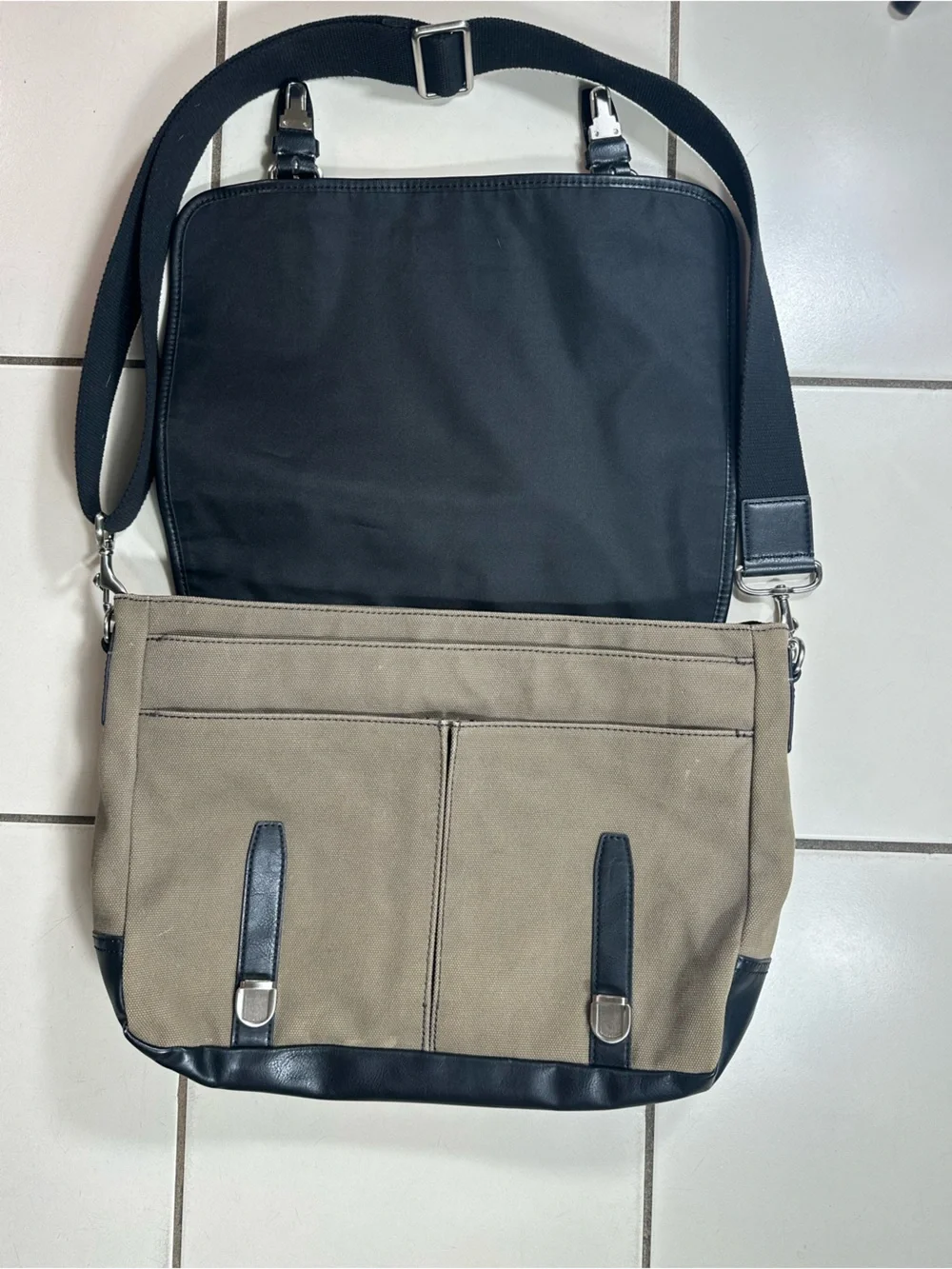 Fossil Tan Canvas Messenger Bag with Black Trim